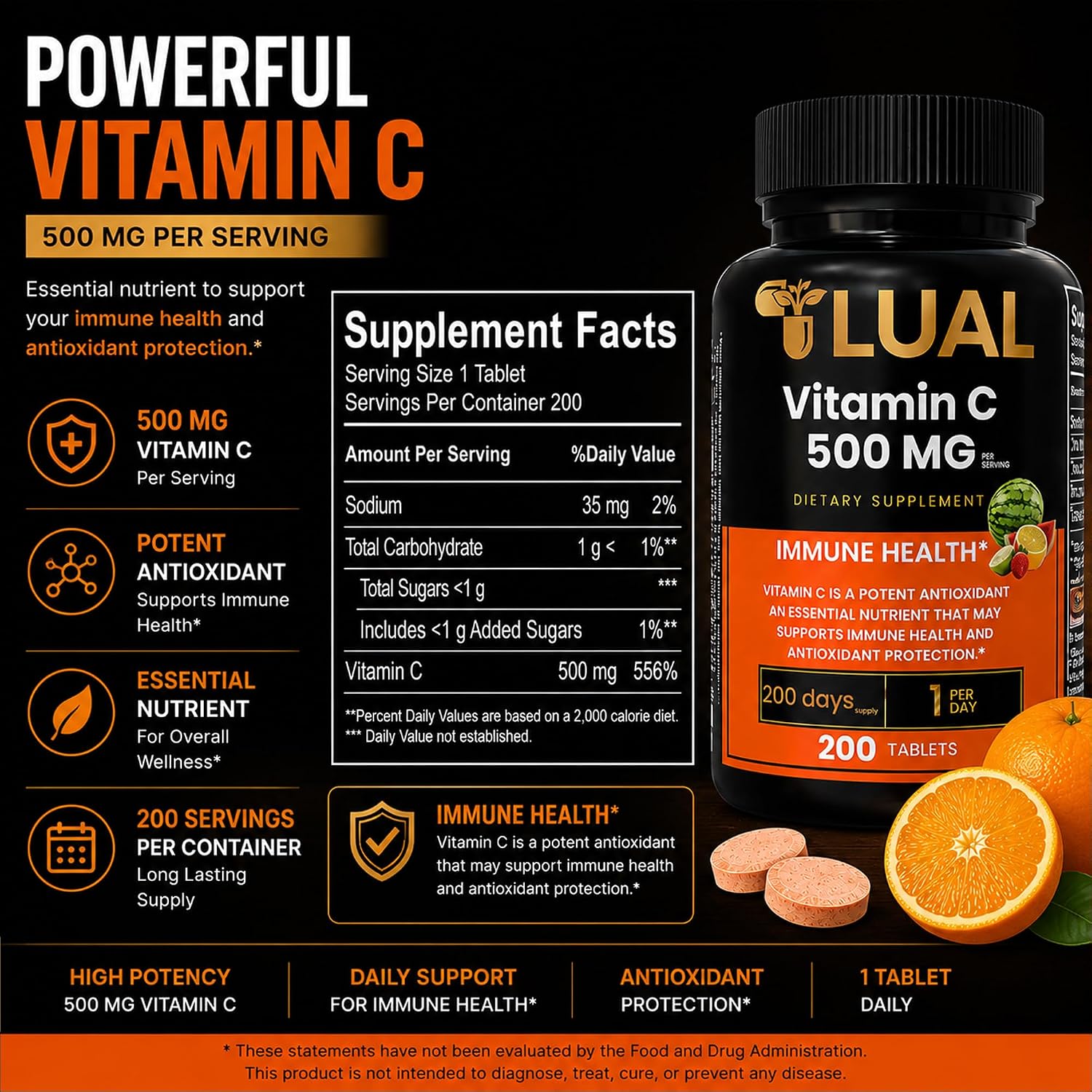 LUAL Vitamina C 500 mg Comprimidos Masticables Sabor Tropical, 200 Unidades