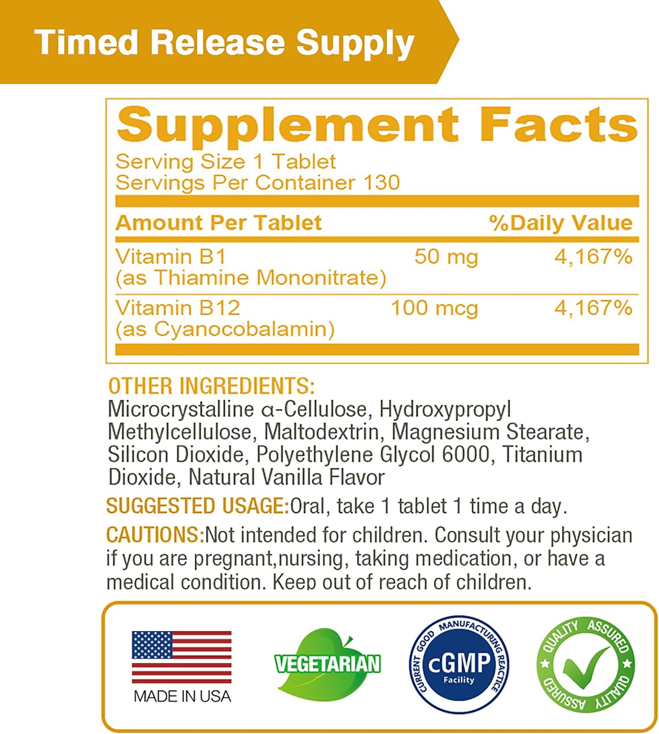 LOVITA Vitamina B1 (Tiamina) 50mg, Liberación Prolongada 8h, con Vitamina B12 100mcg, Apoyo al Metabolismo y Salud Nerviosa, 130 Comprimidos Veganos