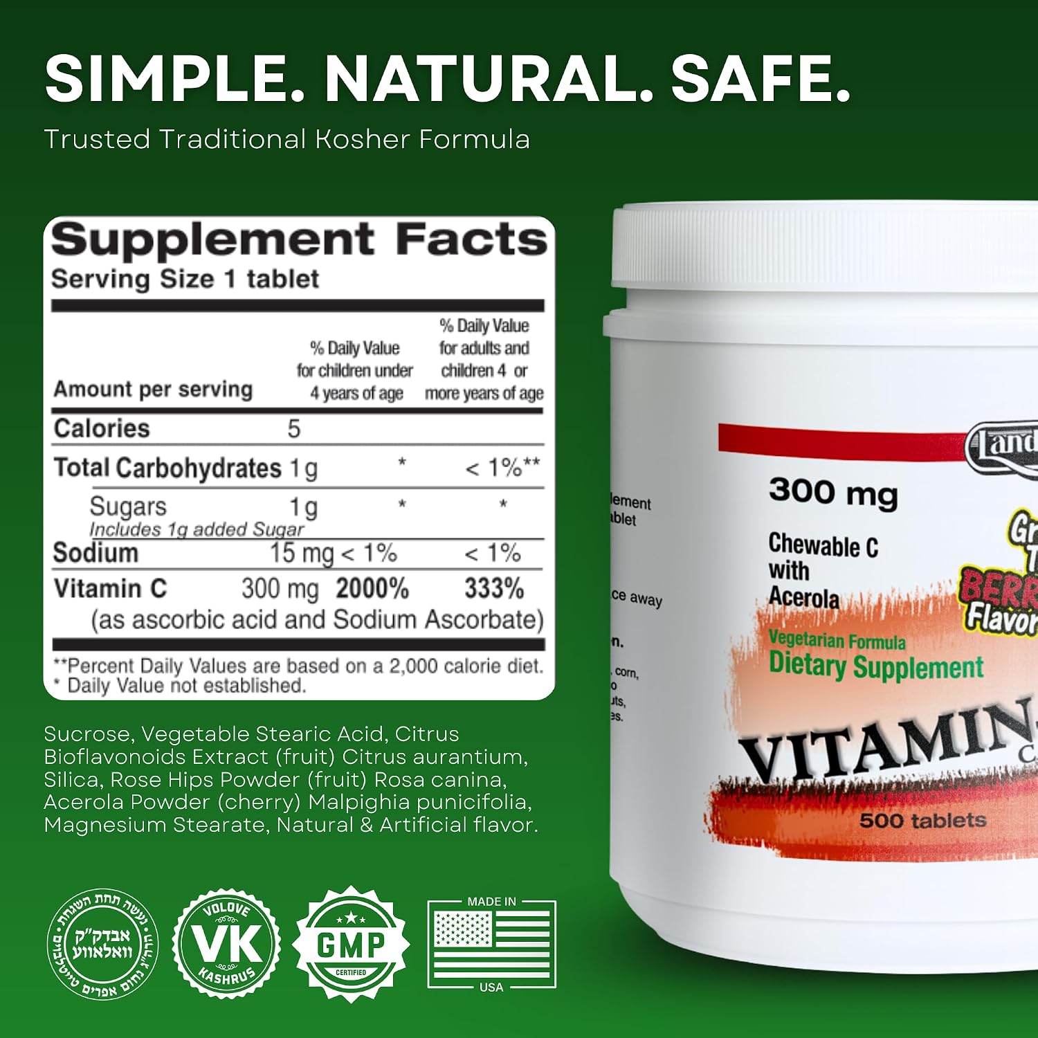 LANDAU 300mg Vitamina C Masticable con Acerola - 500 Comprimidos - Sabor a Baya - Kosher
