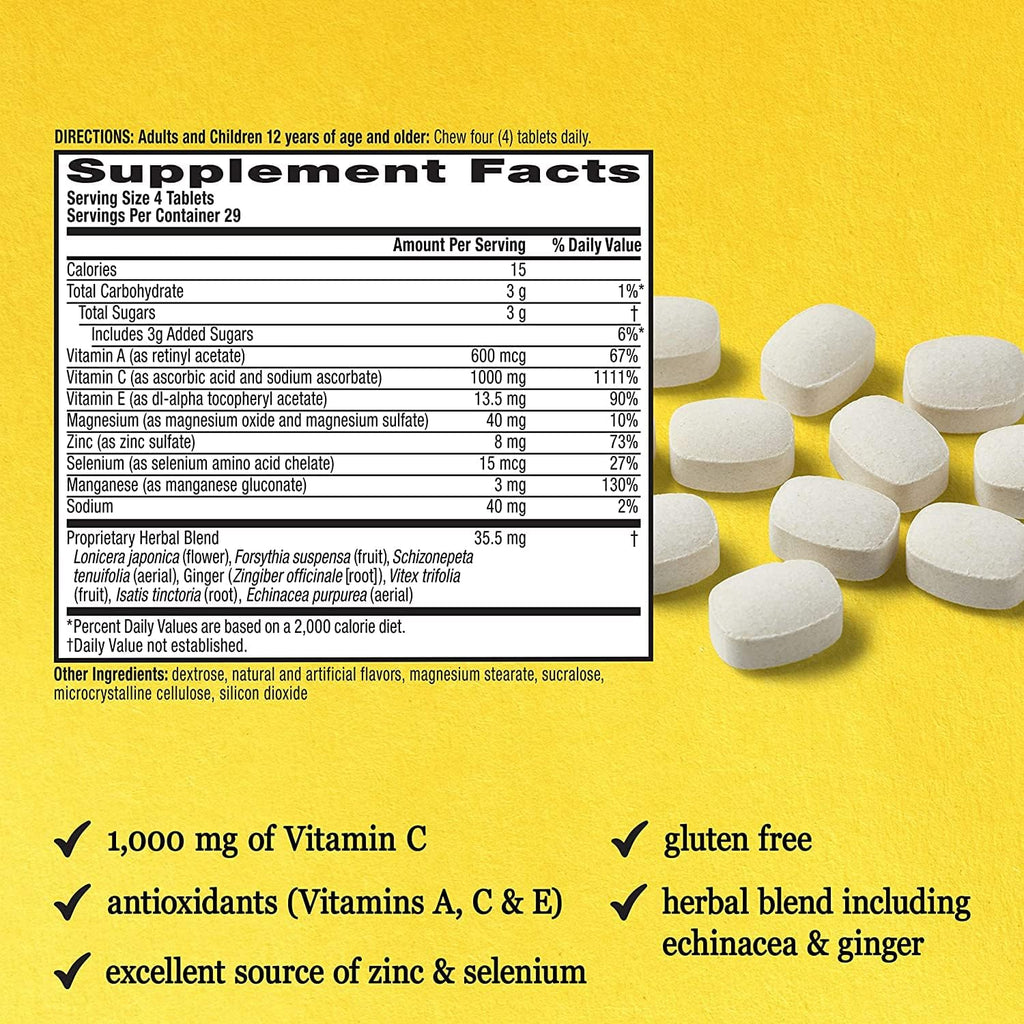 Airborne Vitamina C 1000 mg + Zinc – Comprimidos masticables sabor Frutos Rojos y Cítricos – 116 comprimidos