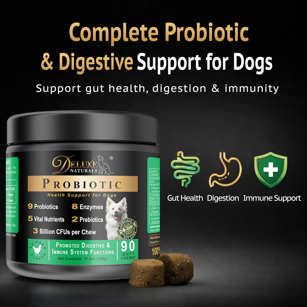 Deluxe Naturals Probiotic Soft Chews for Dogs – 360 masticables (4 x 90ct) – Apoyo Digestivo e Inmunitario con 9 Probióticos, 8 Enzimas, 2 Prebióticos y 5 Nutrientes Esenciales – Sabor a Pollo
