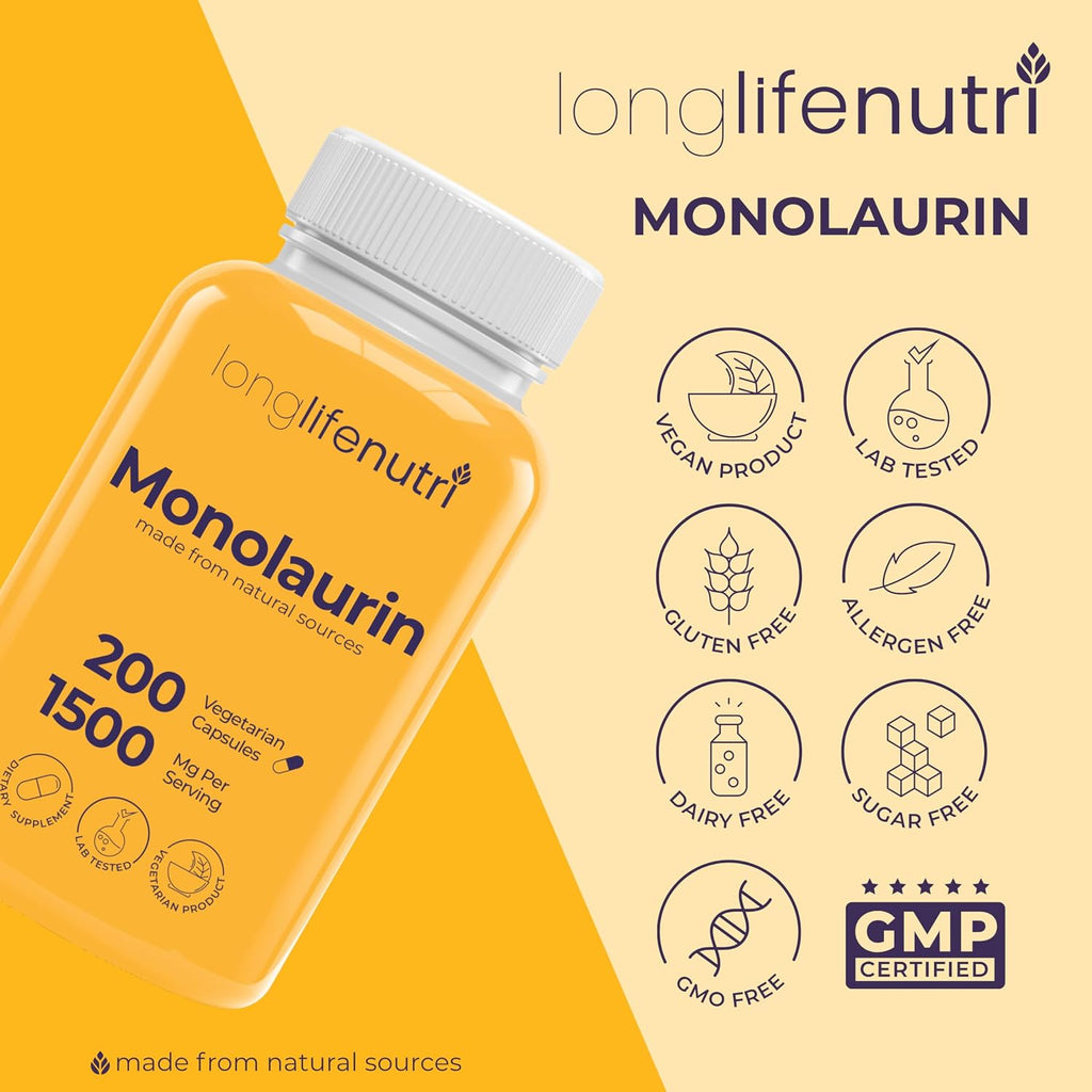 LongLifeNutri Monolaurin 1500mg - 200 Cápsulas Vegetarianas - Complemento de Glicerol de Coco Ecológico