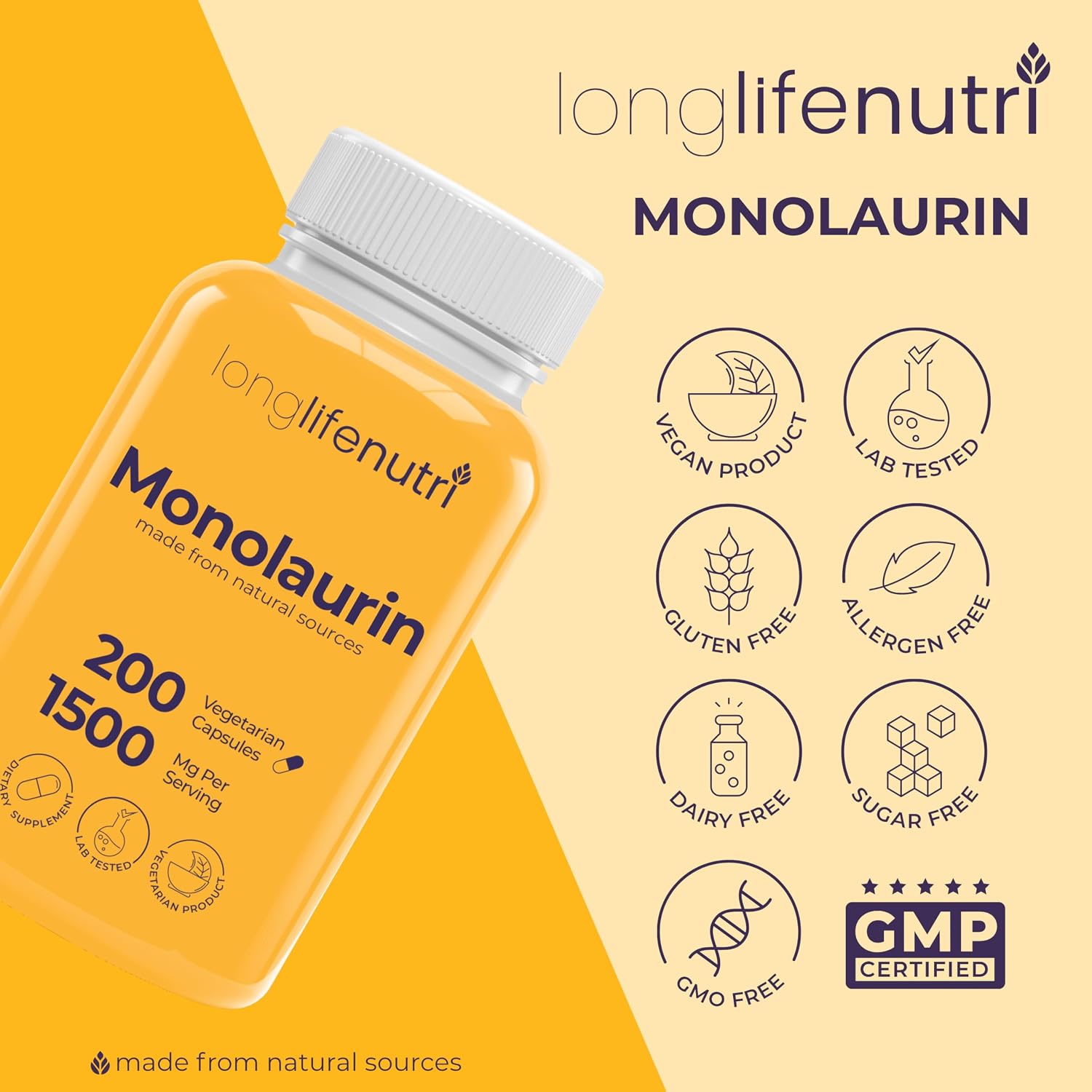 LongLifeNutri Monolaurin 1500mg - 200 Cápsulas Vegetarianas - Complemento de Glicerol de Coco Ecológico