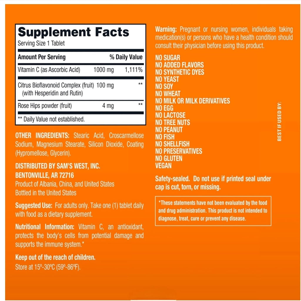Vitamina C 1000 mg con Bioflavonoides Cítricos y Escaramujo – 500 Comprimidos