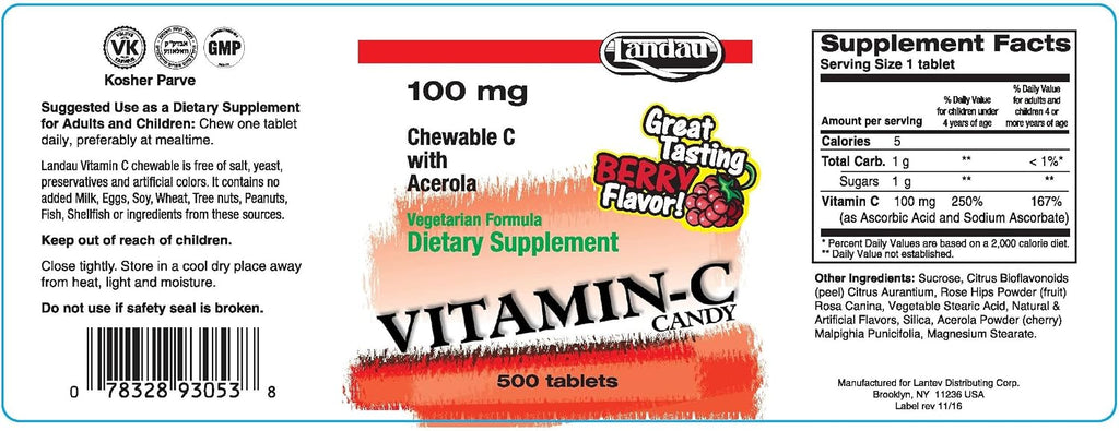 LANDAU Chewable Vitamin C 100 mg with Acerola - 500 Tablets Berry Flavor