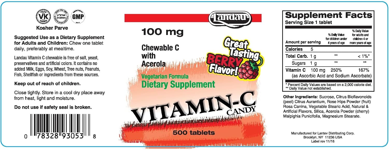 LANDAU Chewable Vitamin C 100 mg with Acerola - 500 Tablets Berry Flavor