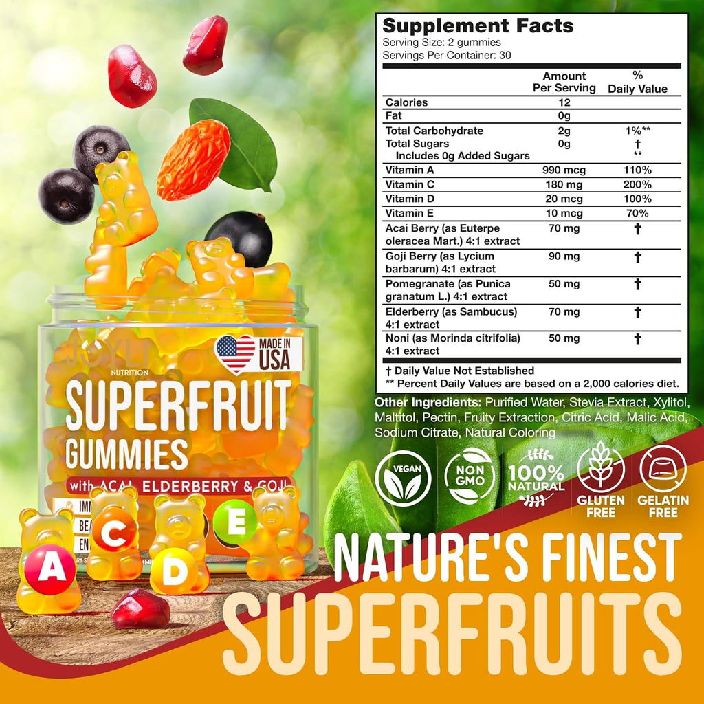 Joyli Superfruit Gummies - Gomitas Multivitamínicas sin Azúcar para Adultos - Vitaminas Naturales con Goji, Saúco, Vitamina A, C, D y E - Apoya la Inmunidad, Digestión y Energía