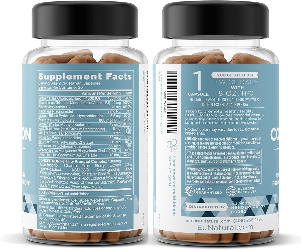 Eu Natural Conception for Her - Suplemento de Fertilidad para Mujeres con Myo-Inositol, Folato, Shatavari y Vitex - 120 Cápsulas Veganas