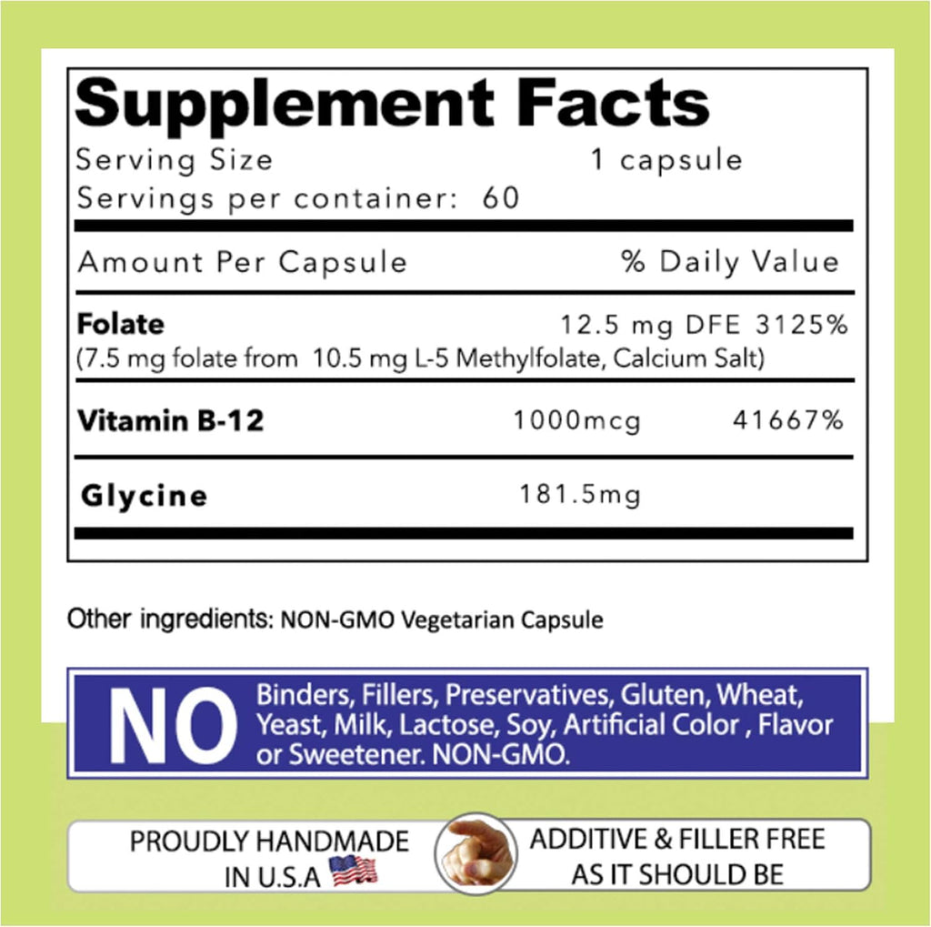 L-Methylfolate 7.5 mg + B12 1000 mcg - Suplemento de Metilfolato Activo con Glicina - 60 Cápsulas