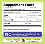 L-Methylfolate 7.5 mg + B12 1000 mcg - Suplemento de Metilfolato Activo con Glicina - 60 Cápsulas