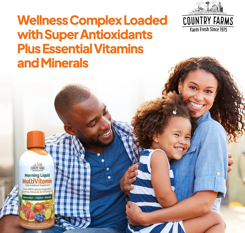 Country Farms Multivitamínico Líquido, Vitaminas y Minerales para Apoyo Inmunitario y Energía, Mezcla de Hierbas, Vegano, Sin Gluten, Sabor Fruta Tropical, 946 ml