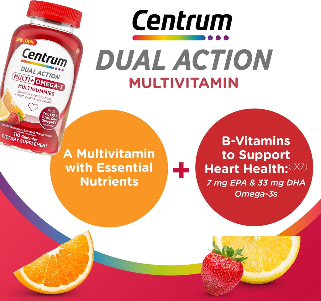 Centrum MultiGummies Multi+ Omega 3 Dual Action - Multivitamínico para adultos con omega-3, sabor fresa/limón/naranja, 110 gominolas