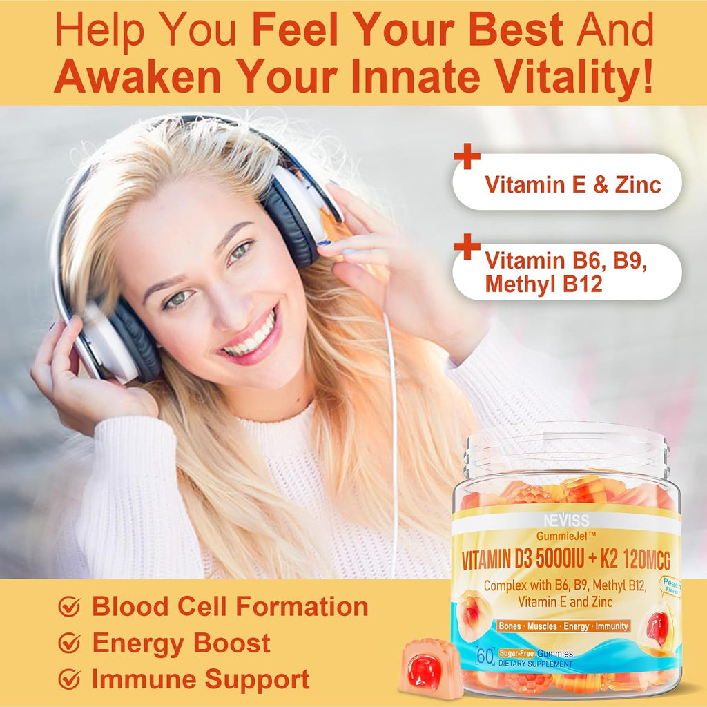 NEVISS Gummies Vitamina D3 5000IU + K2 MK-7 120mcg - Sin Azúcar, Vegano, con Complejo B y Zinc