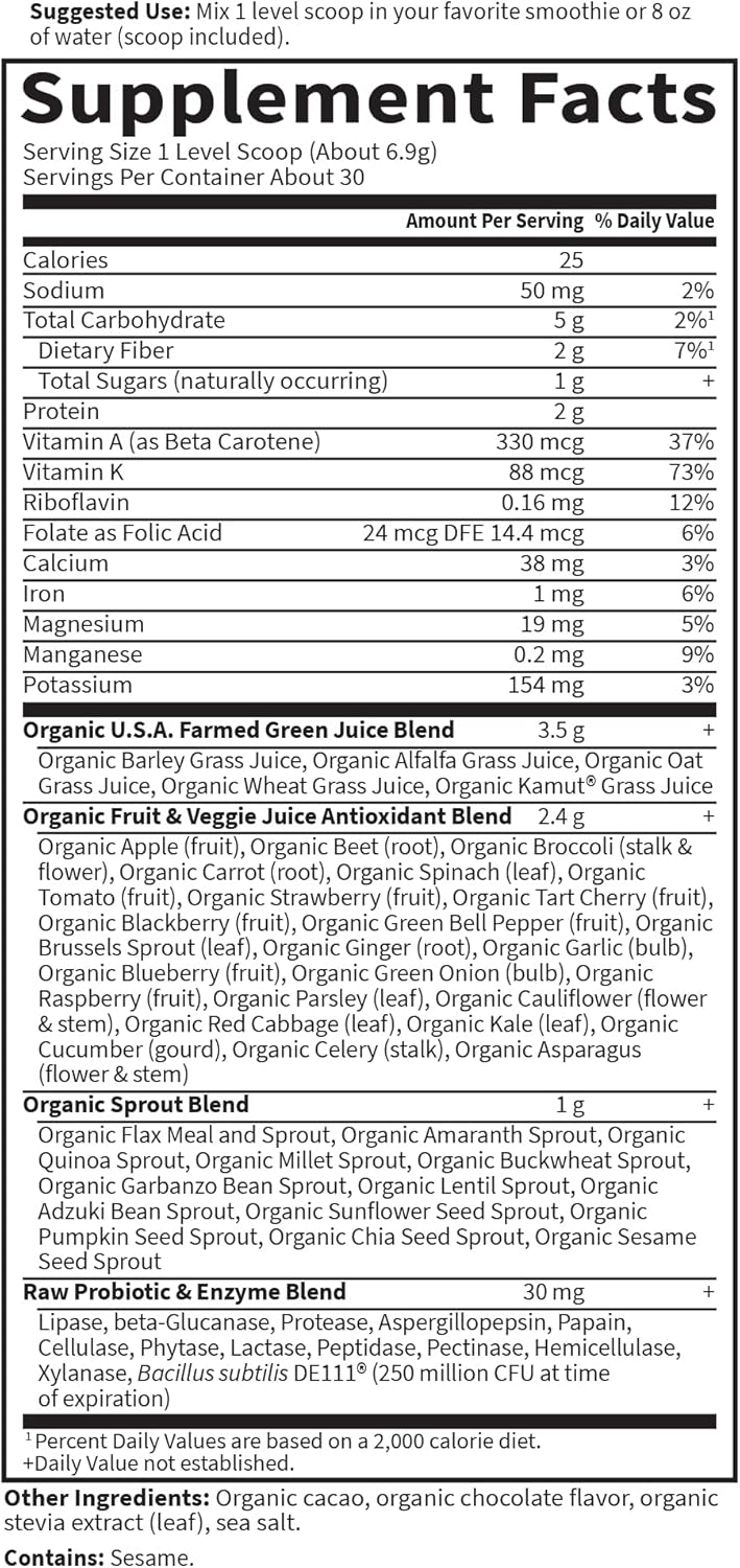 Garden of Life Raw Organic Perfect Food - Superalimento Verde en Polvo Sabor Chocolate, 30 Raciones