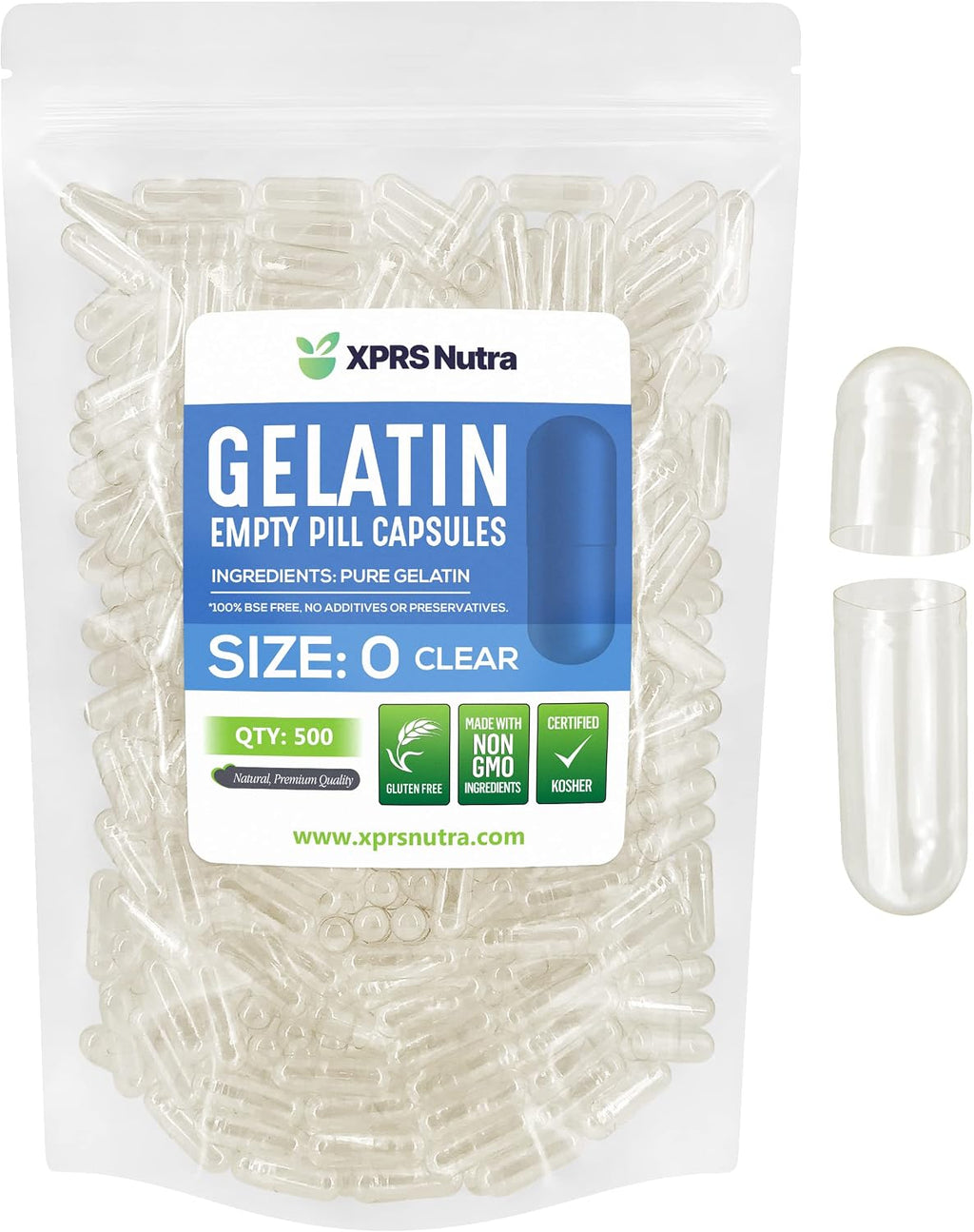 XPRS Nutra Cápsulas Vacías Tamaño 0 - 500 Cápsulas de Gelatina Transparente para Rellenar Suplementos Caseros