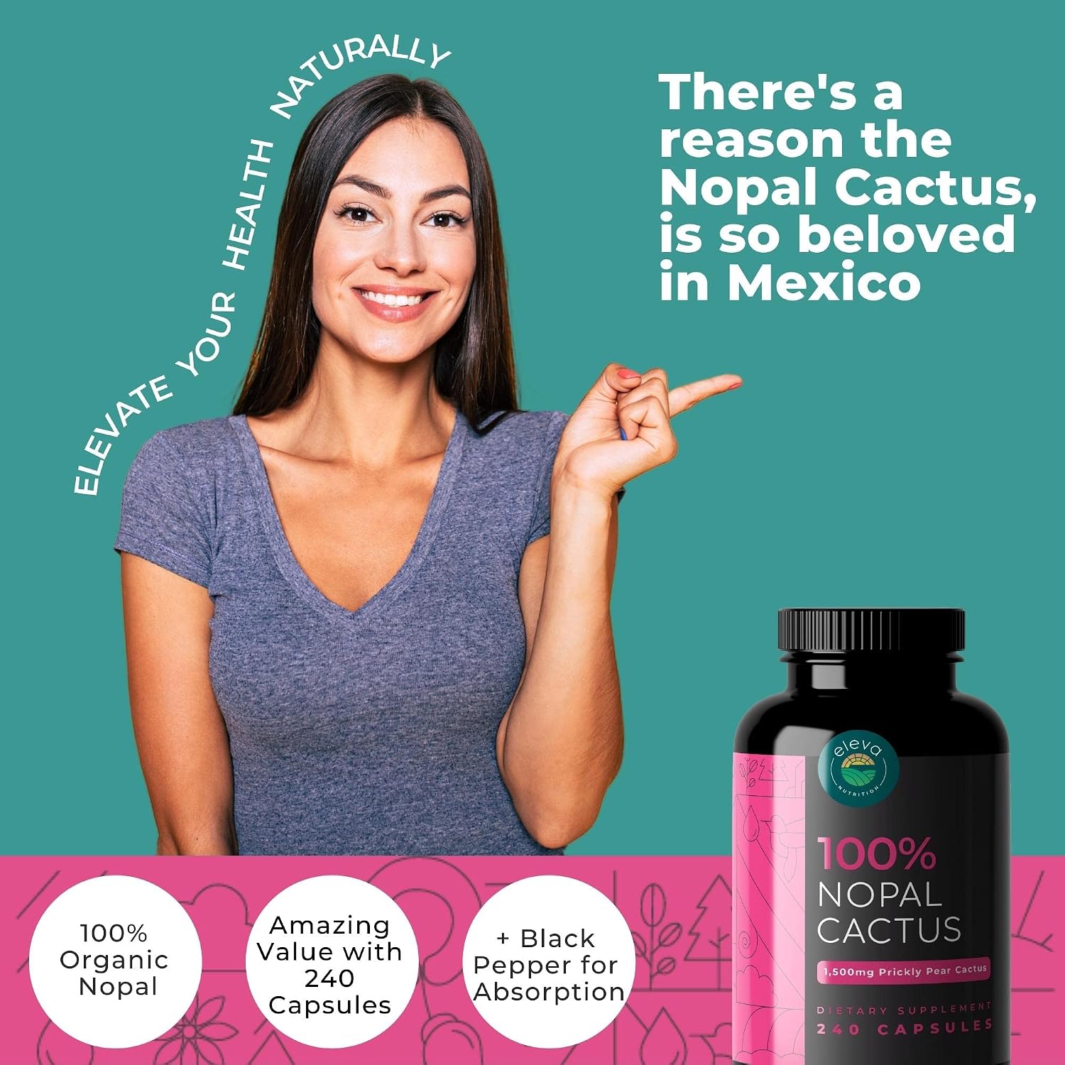 Cápsulas de Nopal Orgánico 1500mg con Extracto de Pimienta Negra - 240 Cápsulas