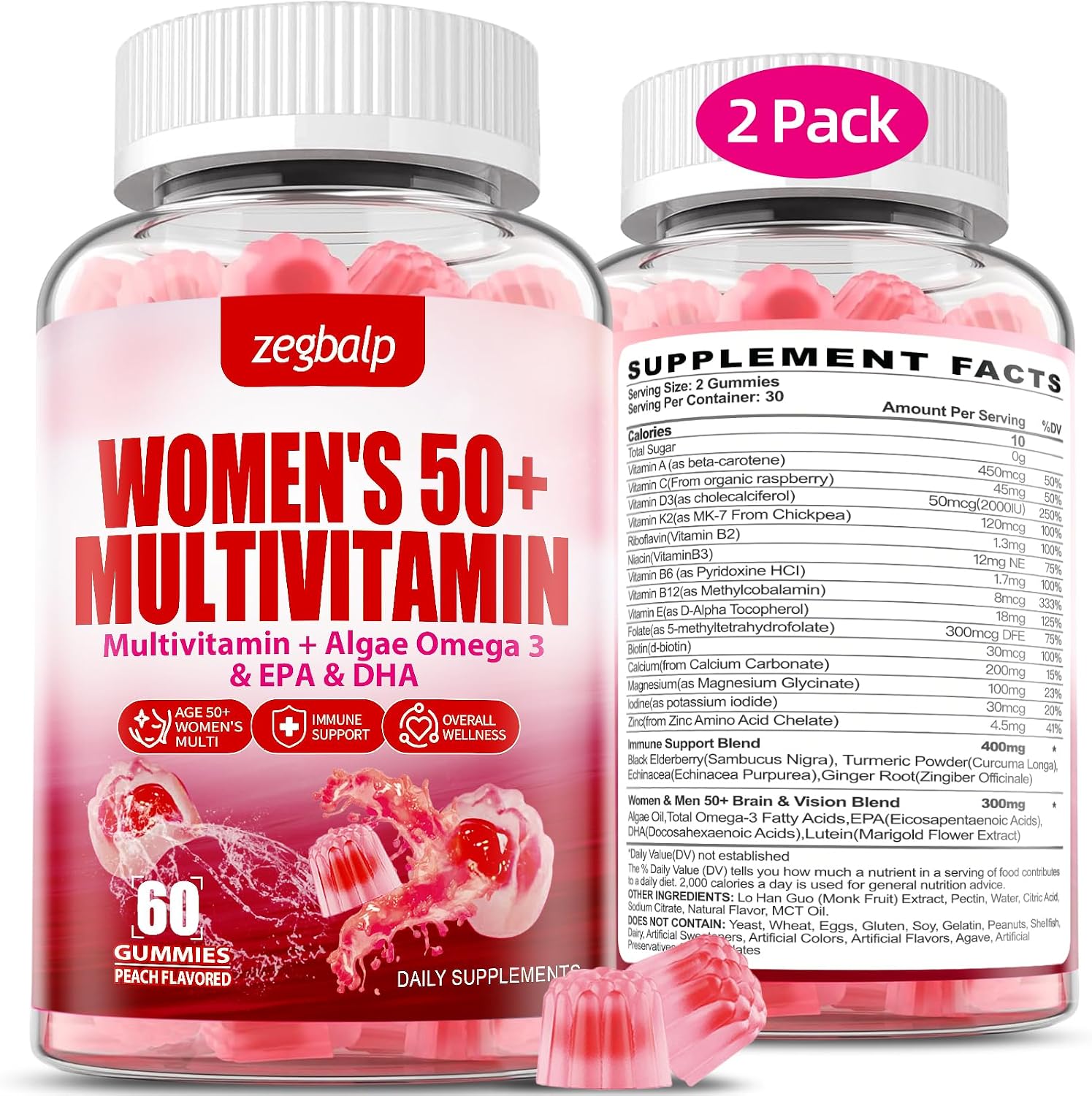 ZEGBALP Multivitamínico para Mujeres 50+ sin Azúcar - Gominolas con 24 Vitaminas y Minerales, Omega-3, DHA, EPA, Luteína