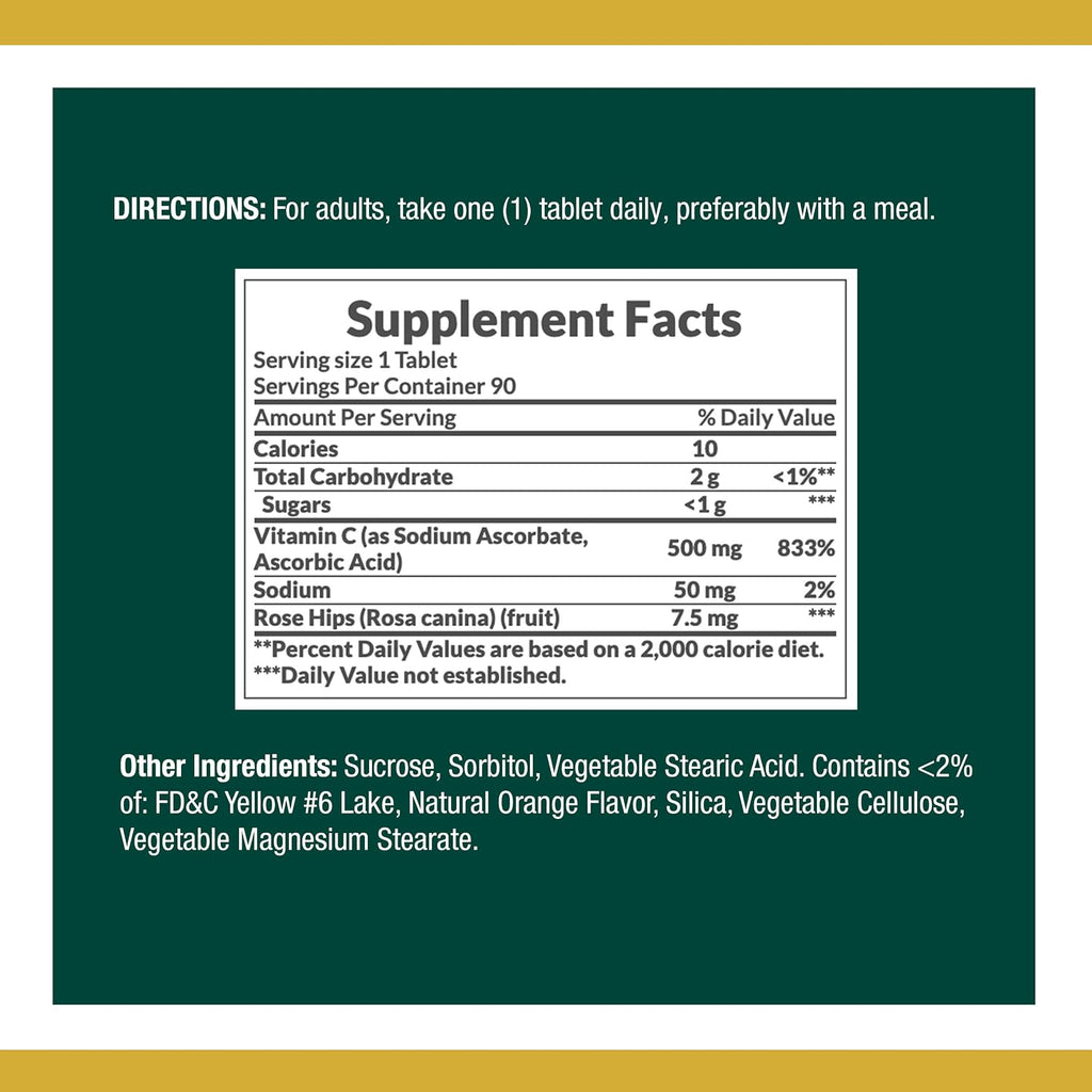 Nature's Bounty Vitamin C 500 mg with Rose Hips Chewable Tablets Orange Flavor (Pack of 2 x 90)