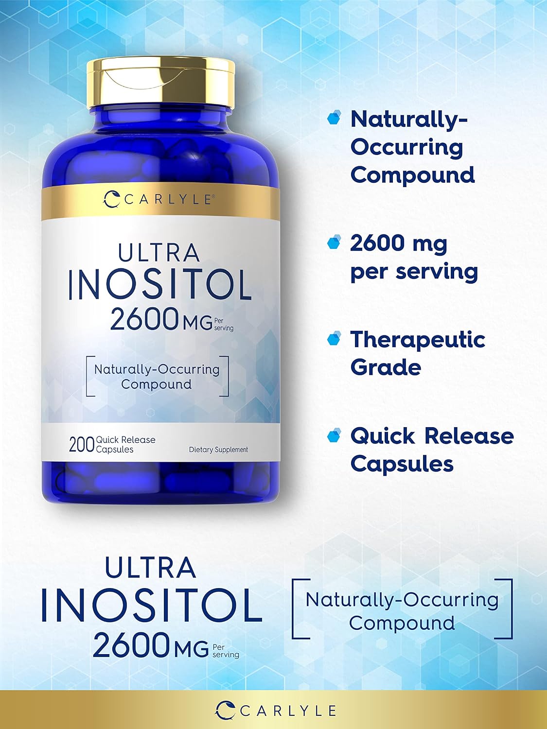 Carlyle Inositol 2600 mg - 200 Cápsulas - Myo-Inositol - No GMO, Sin Gluten