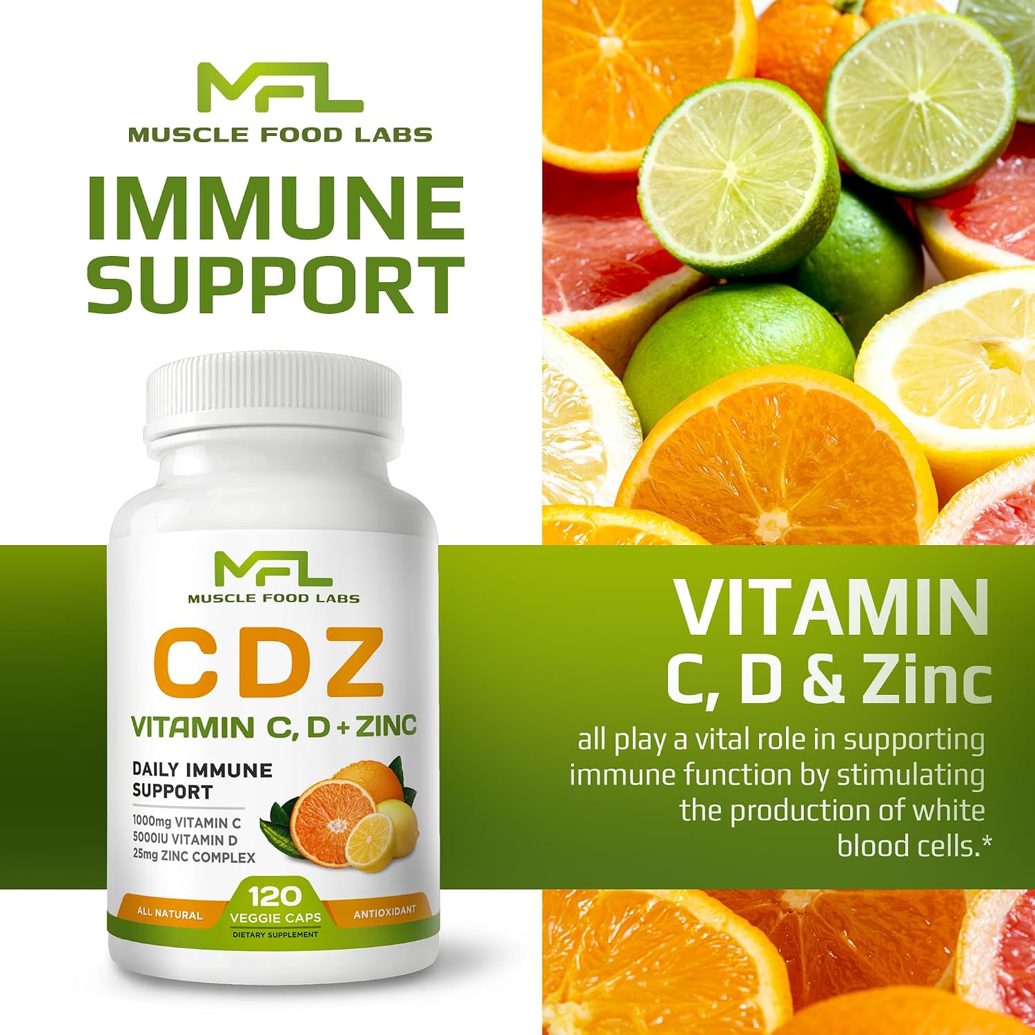 C D Z | Vitamina C (1000mg), Vitamina D3 (125mcg) y Zinc (25mg) | 120 Cápsulas Vegetarianas