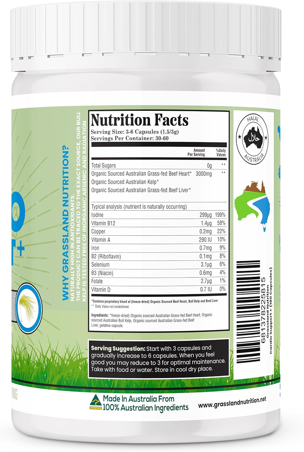 GRASSLAND NUTRITION Cardio Support - Mezcla de Órganos de Vacuno con CoQ10, B12 y Yodo, 180 Cápsulas