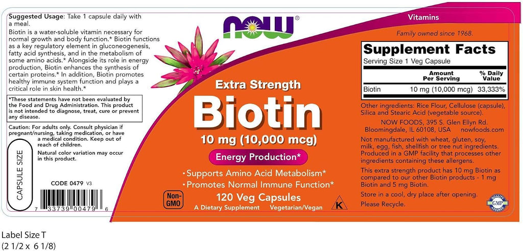 NOW Foods Biotina 10 mg Extra Fuerte 120 cápsulas