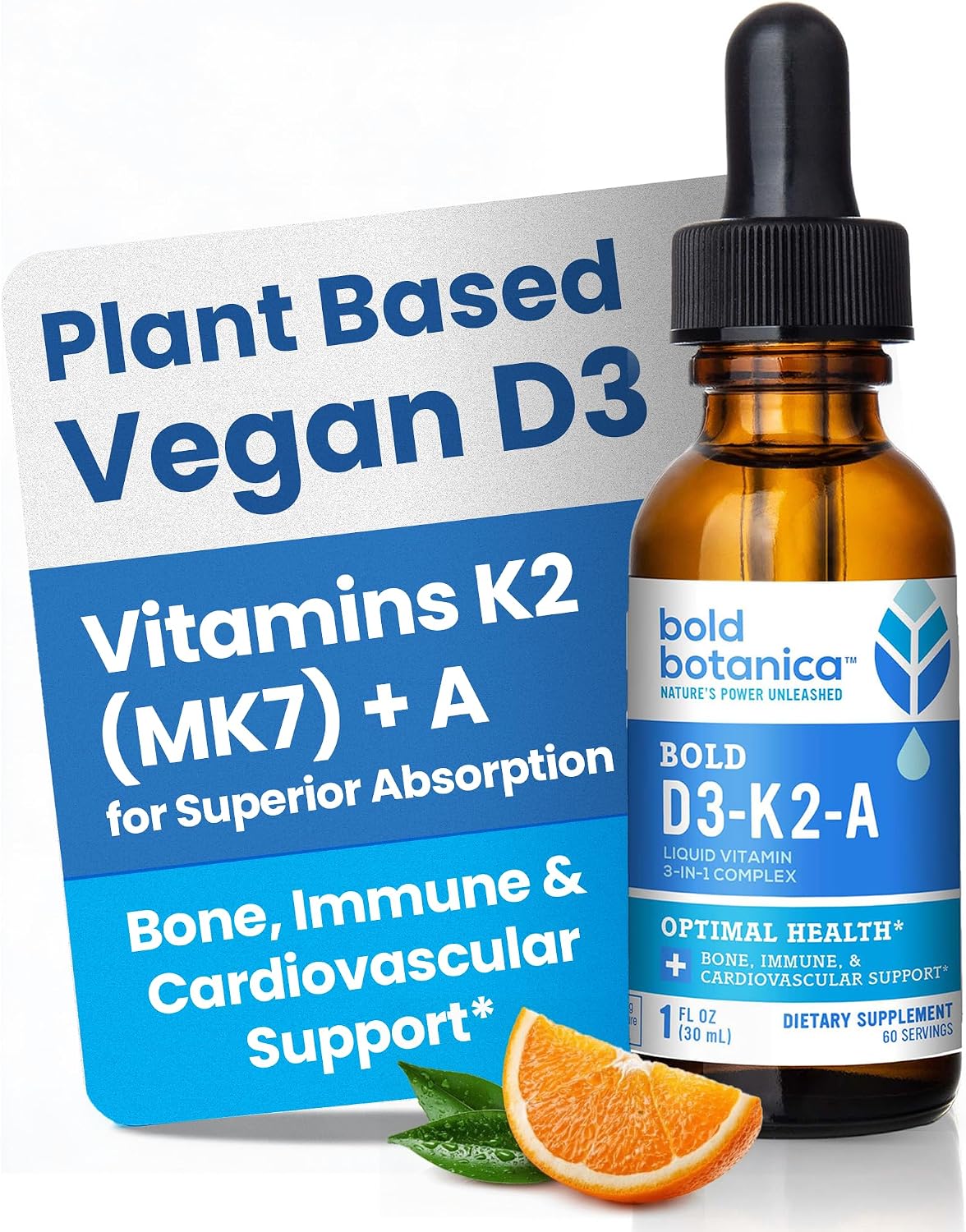Bold Botanica Vitamina D3 K2 A Gotas Veganas - 2500 UI, 30 ml, 60 dosis