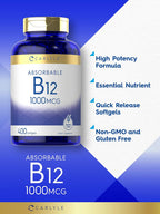 Carlyle Vitamina B12 1000 mcg Absorbible | 400 Cápsulas Blandas | Sin Gluten y No-GMO