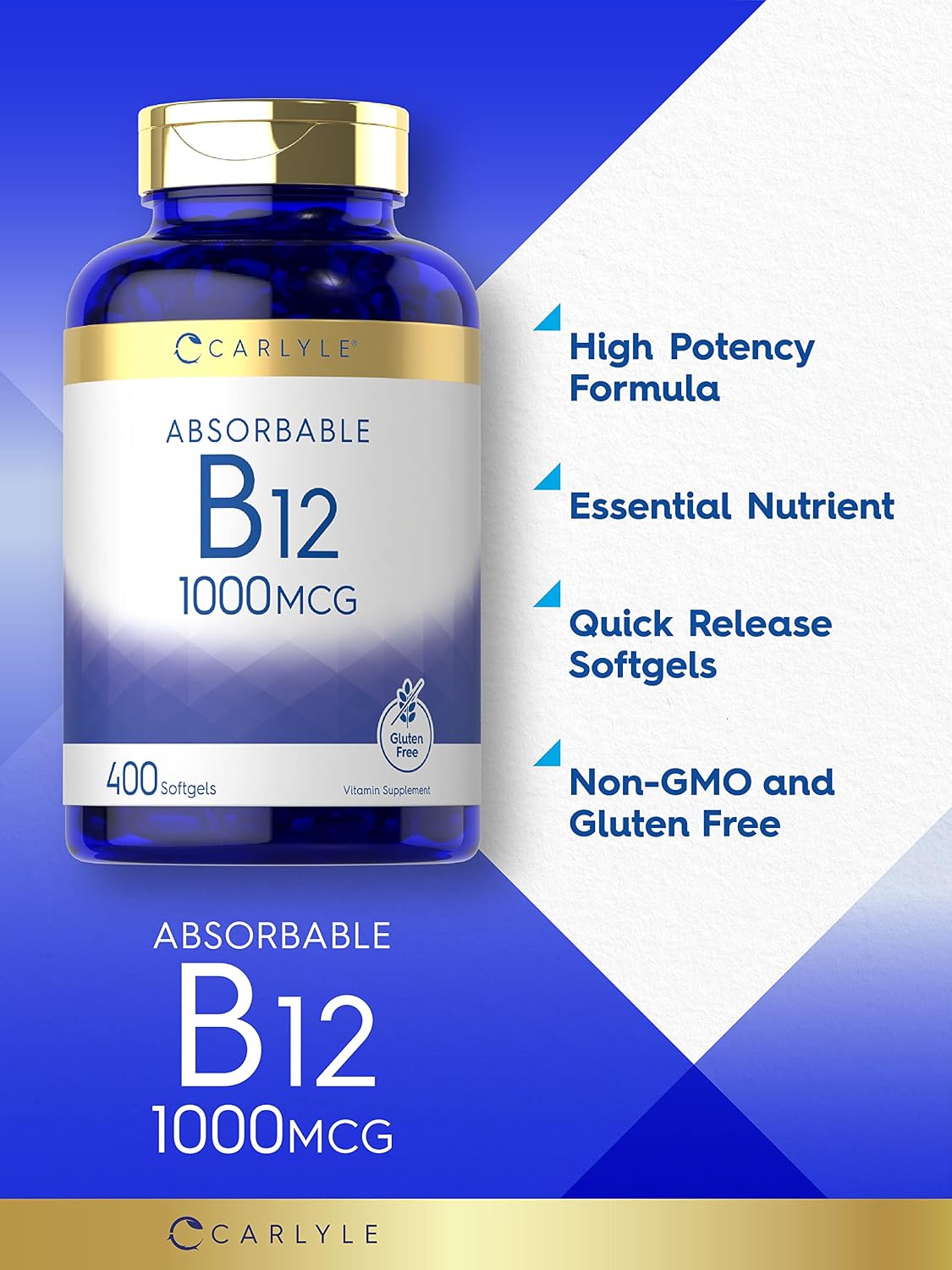 Carlyle Vitamina B12 1000 mcg Absorbible | 400 Cápsulas Blandas | Sin Gluten y No-GMO