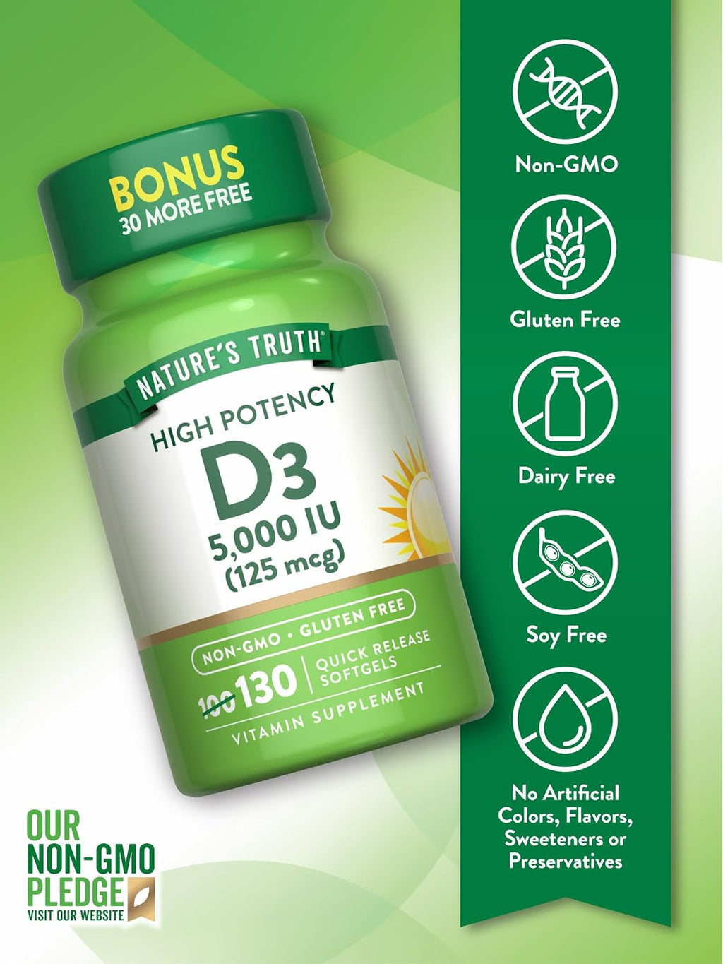 Nature's Truth Vitamina D3 5000 IU Cápsulas Blandas | 130 Unidades | Alta Potencia | Sin Gluten y Sin OGM