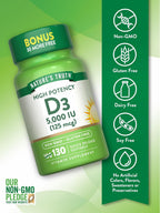Nature's Truth Vitamina D3 5000 IU Cápsulas Blandas | 130 Unidades | Alta Potencia | Sin Gluten y Sin OGM