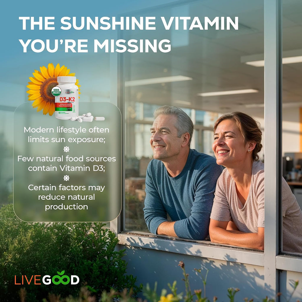 LIVEGOOD Vitamina D3 y K2 Orgánica 2000 UI con MK-7 - Cápsulas Veganas (60 uds)