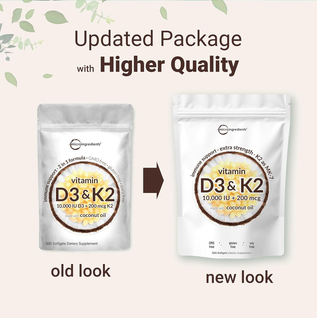 Micro Ingredients Vitamina D3 10.000 UI + K2 MK-7 200 mcg, 600 Softgels con Aceite de Coco Virgen (Pack de 2) | Complejo 2-en-1 Vitaminas D y K | Alta Potencia, Fáciles de Tragar, No-GMO, Sin Gluten