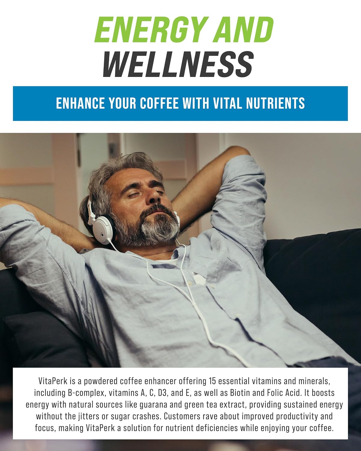 VitaPerk Polvo Multivitamínico sin Sabor - 30 Sobres con 15 Vitaminas, Minerales, Té Verde y Guaraná