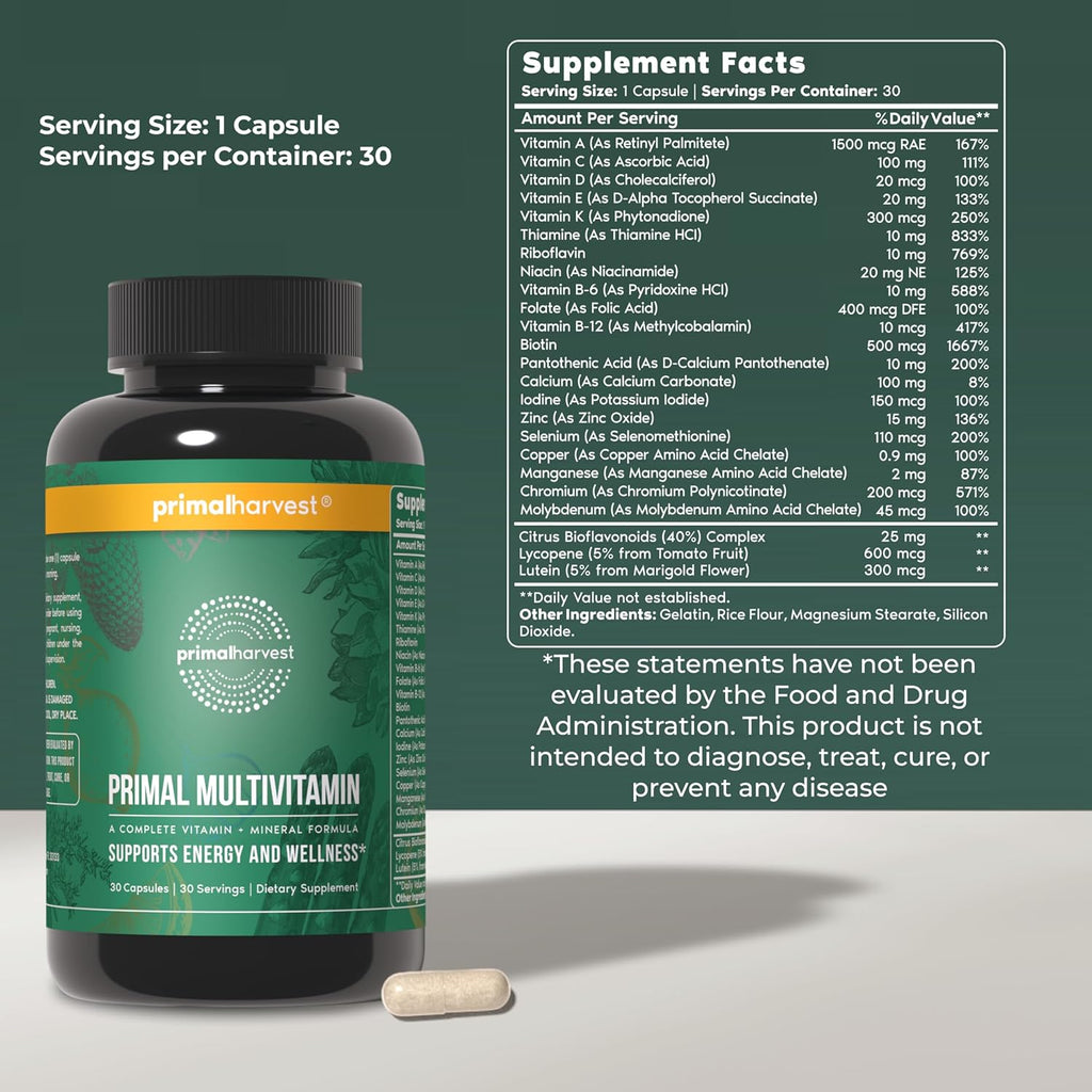 Primal Harvest Primal Multivitamin - Complejo Multivitamínico Diario con 21 Vitaminas y Minerales Esenciales