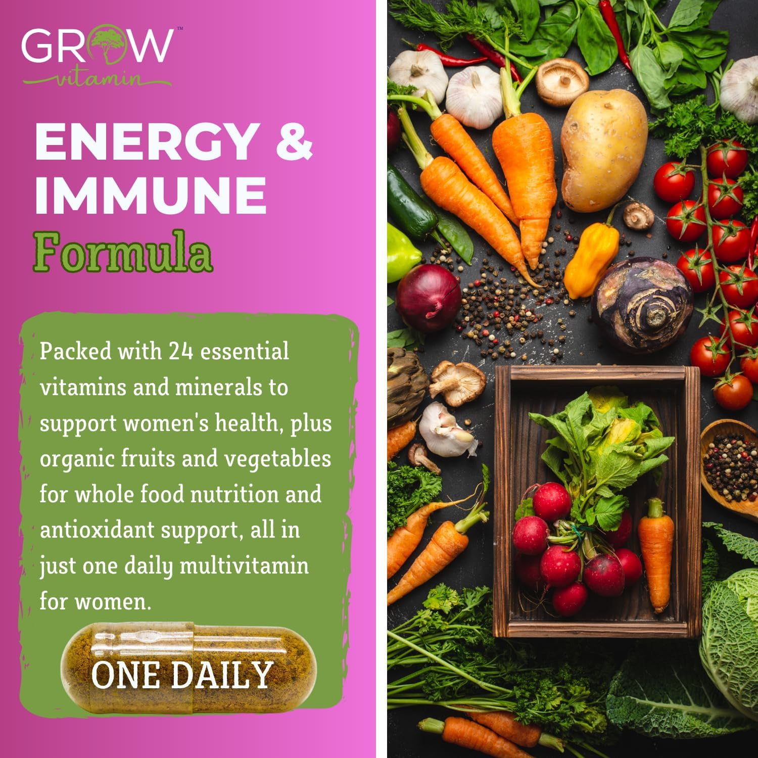 grow vitamin Multivitamínico Diario para Mujeres - 24 Vitaminas y Minerales - 60 Cápsulas - 2 Meses de Suministro