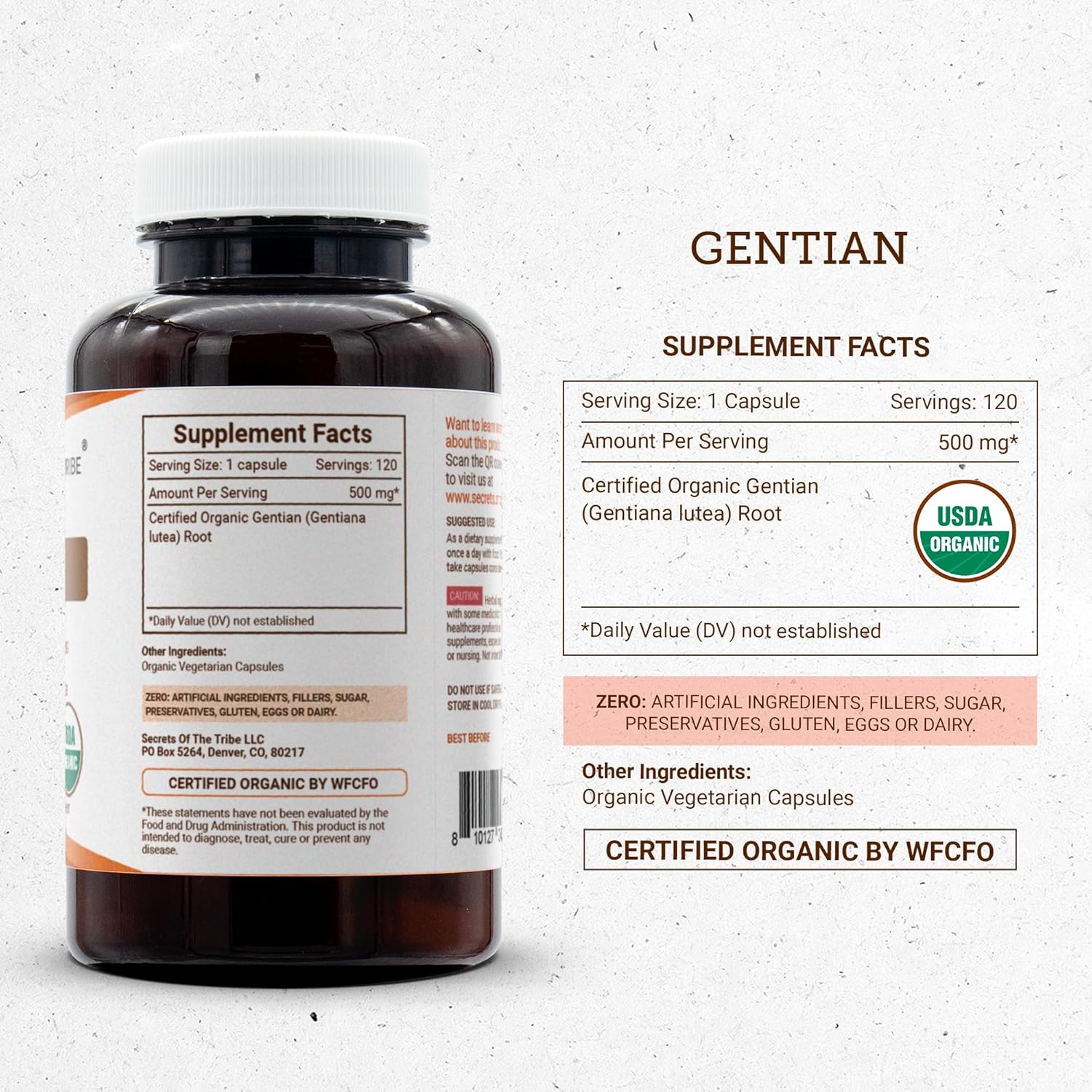 Genciana Orgánica 500 mg, 120 Cápsulas - Secrets of the Tribe