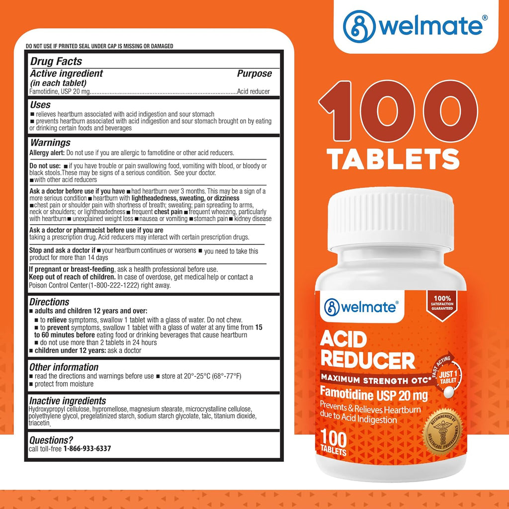 WELMATE - Famotidina 20mg Antiacido de Máxima Potencia, Alivio Rápido de la Acidez, 100 Comprimidos