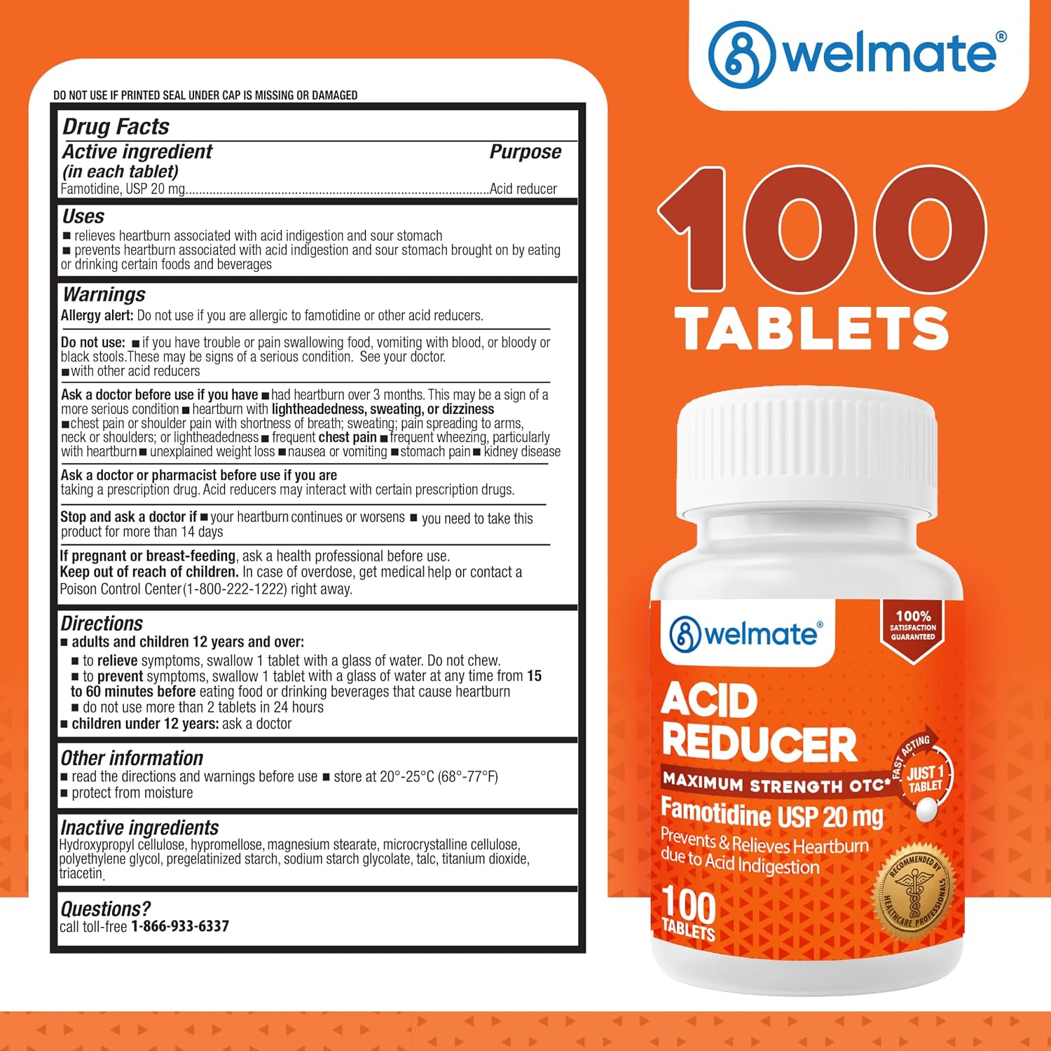 WELMATE - Famotidina 20mg Antiacido de Máxima Potencia, Alivio Rápido de la Acidez, 100 Comprimidos