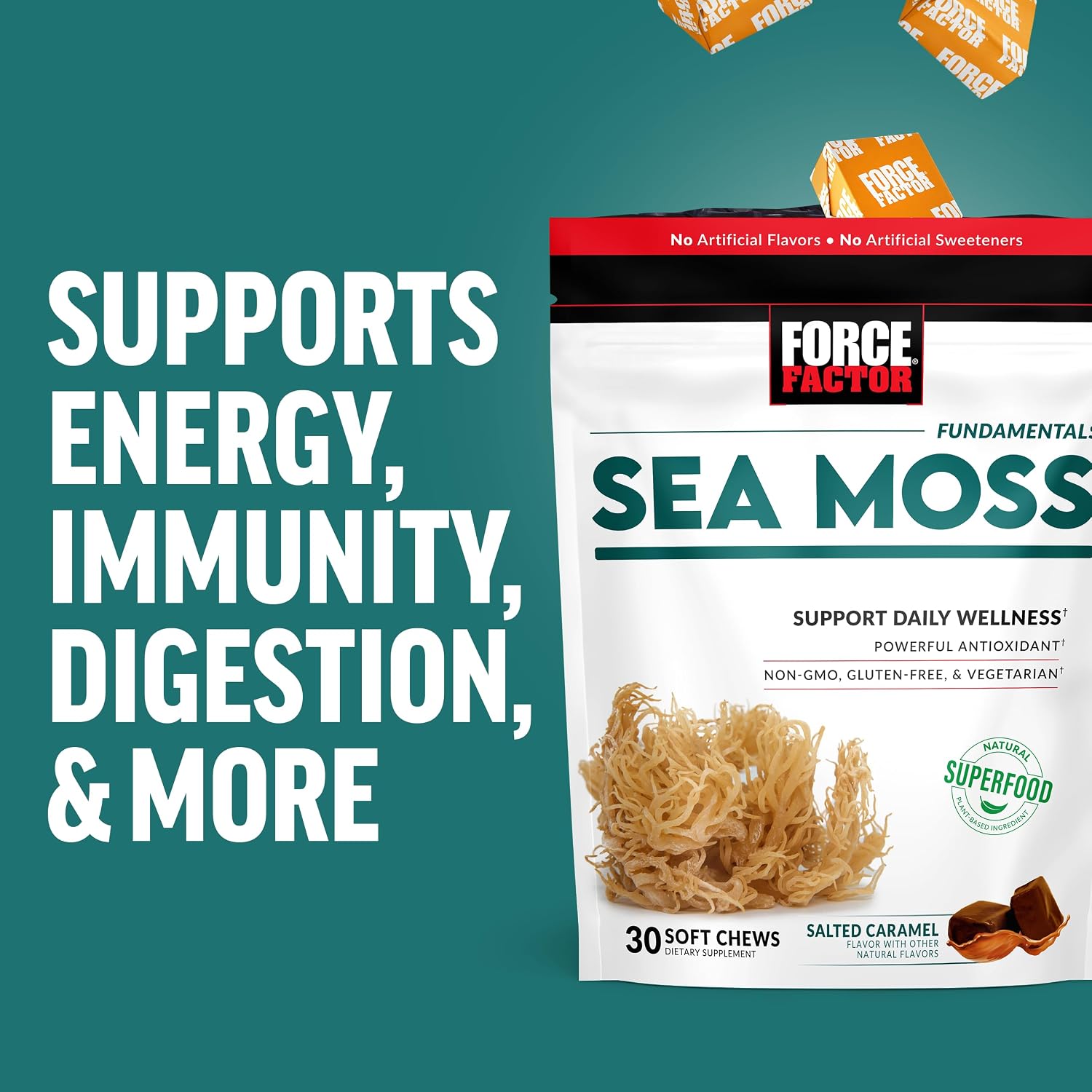 Force Factor Sea Moss Soft Chews, Gominolas de Musgo Irlandés, Sabor Caramelo Salado, 90 Gominolas (Pack de 3)