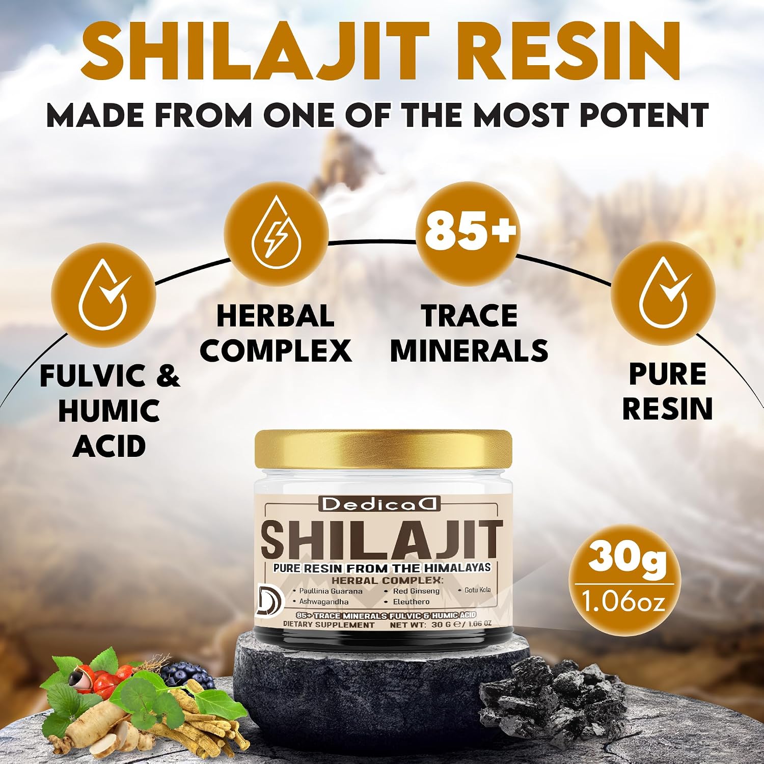 DEDICAD 30g Shilajit Resin with Herbal Complex - Paullinia Guarana, Gotu Kola Leaf & More