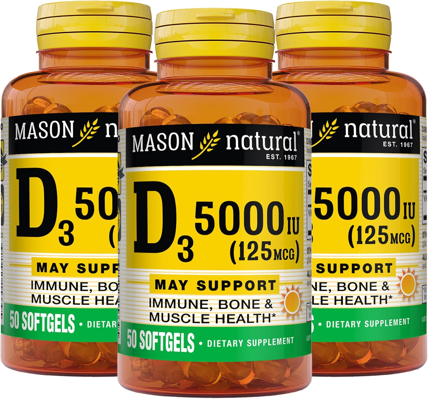 Mason Natural Vitamina D3 5000 UI (125 mcg) – Pack de 3 con 50 Softgels cada uno