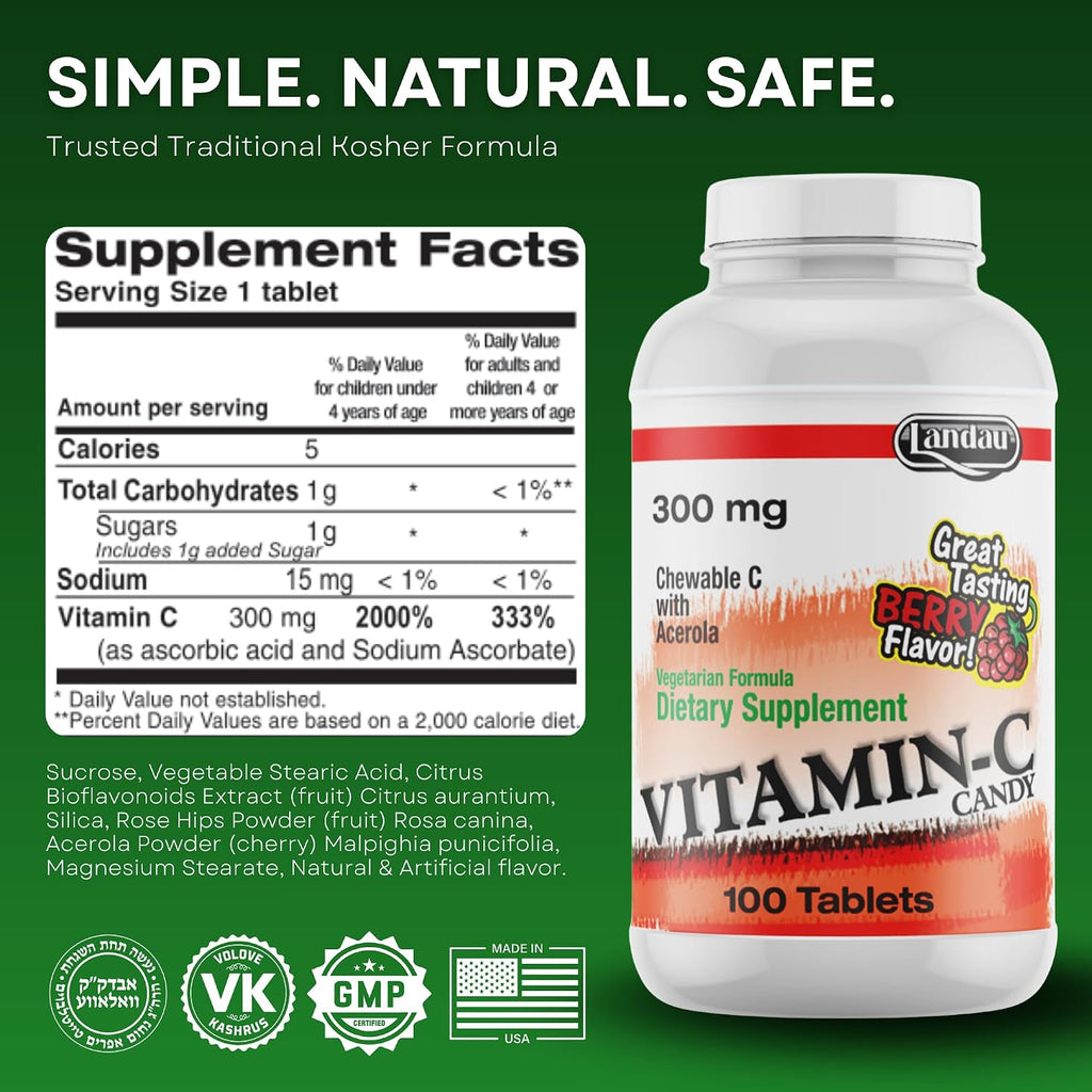 LANDAU Vitamina C Masticable 300 mg con Acerola - Sabor a Bayas - 100 Comprimidos