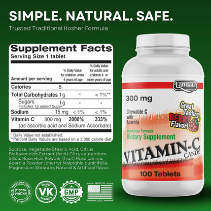 LANDAU Vitamina C Masticable 300 mg con Acerola - Sabor a Bayas - 100 Comprimidos – Image 6
