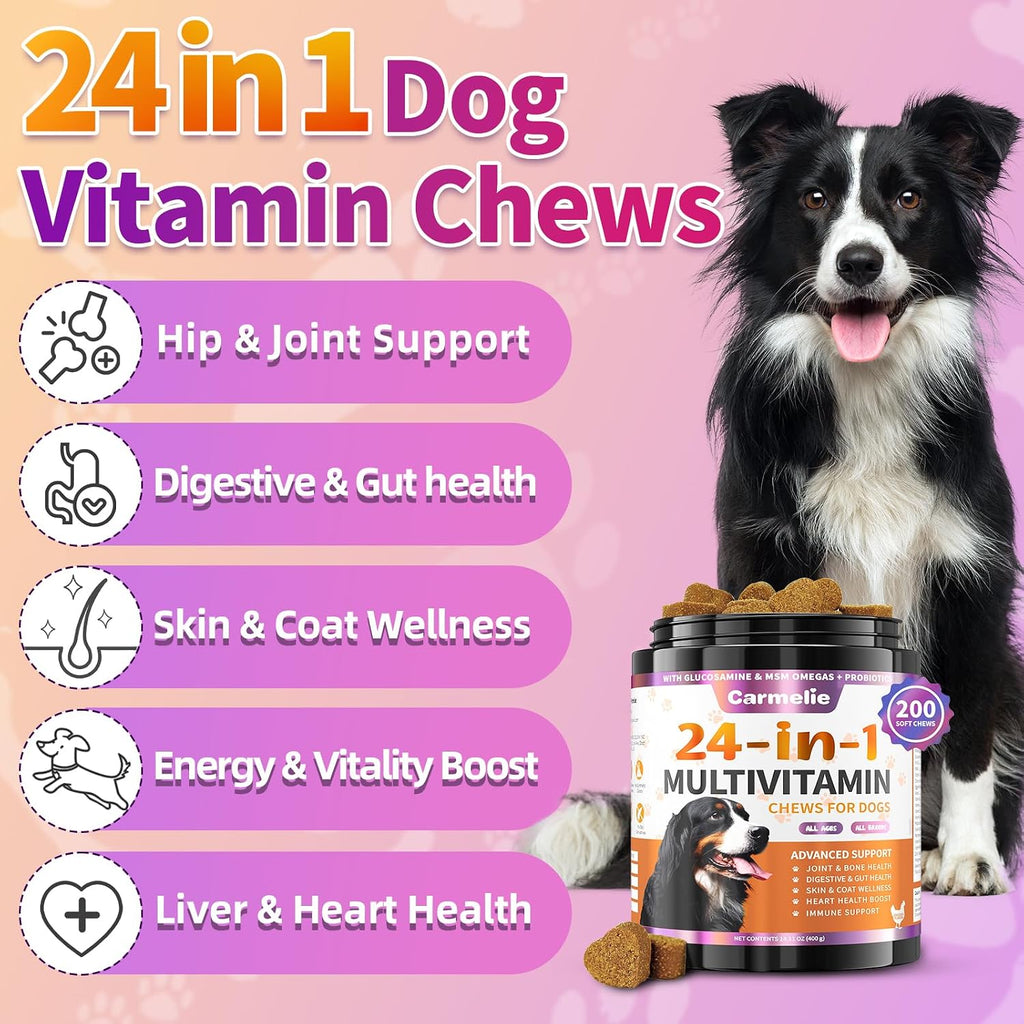 Carmelie Multivitamínico 24 en 1 para Perros - 200 Chewables con Glucosamina, Probióticos y Omega-3 - Sabor Pollo