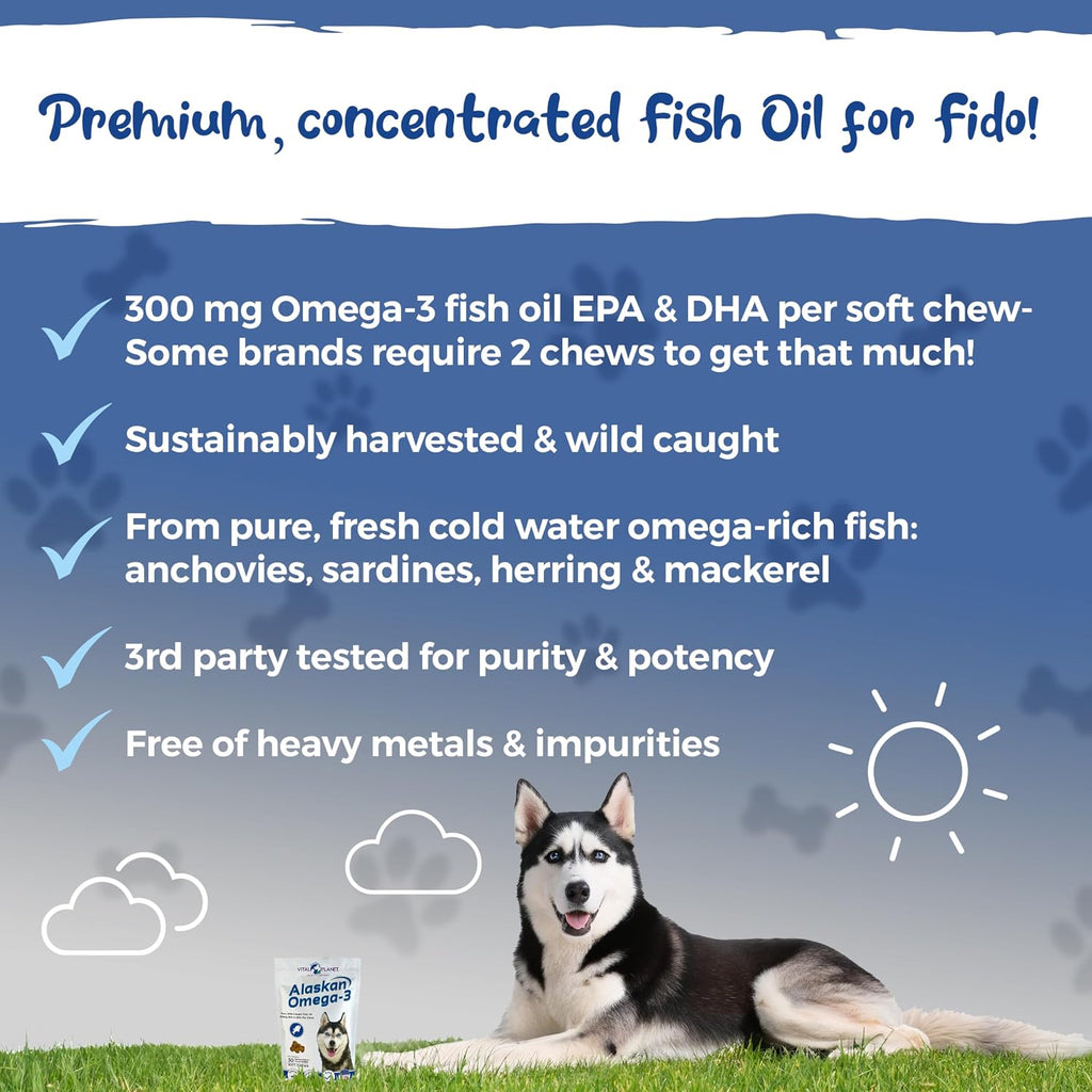 Vital Planet - Alaskan Omega-3 Masticables para Perros, Aceite de Pescado Salvaje de Alaska – 30 Masticables Sabor Hickory