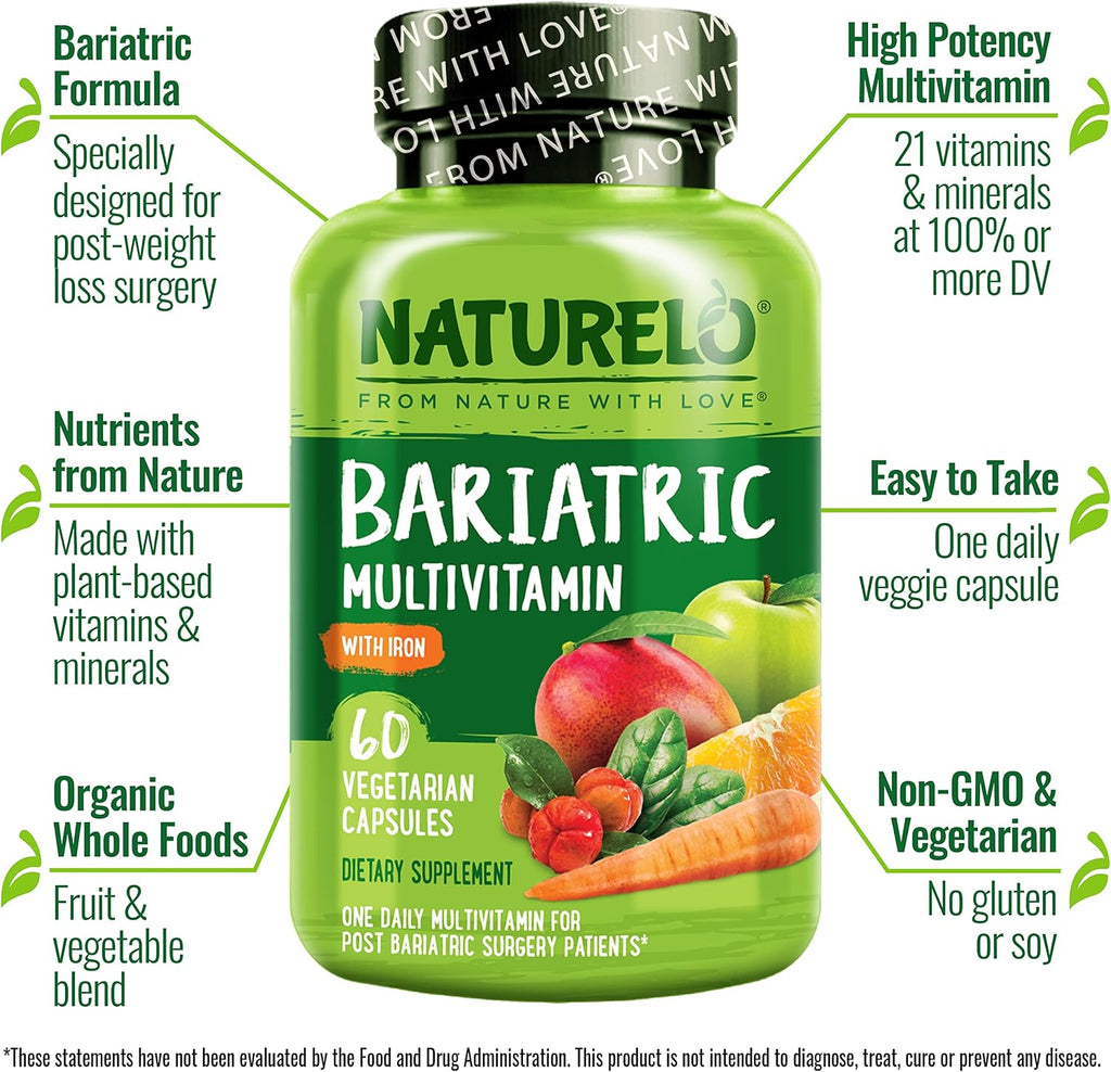 NATURELO Bariatric Multivitamin - One Daily with Iron - Suplemento para Cirugía Bariátrica - Nutrición Natural - 60 Cápsulas Veganas