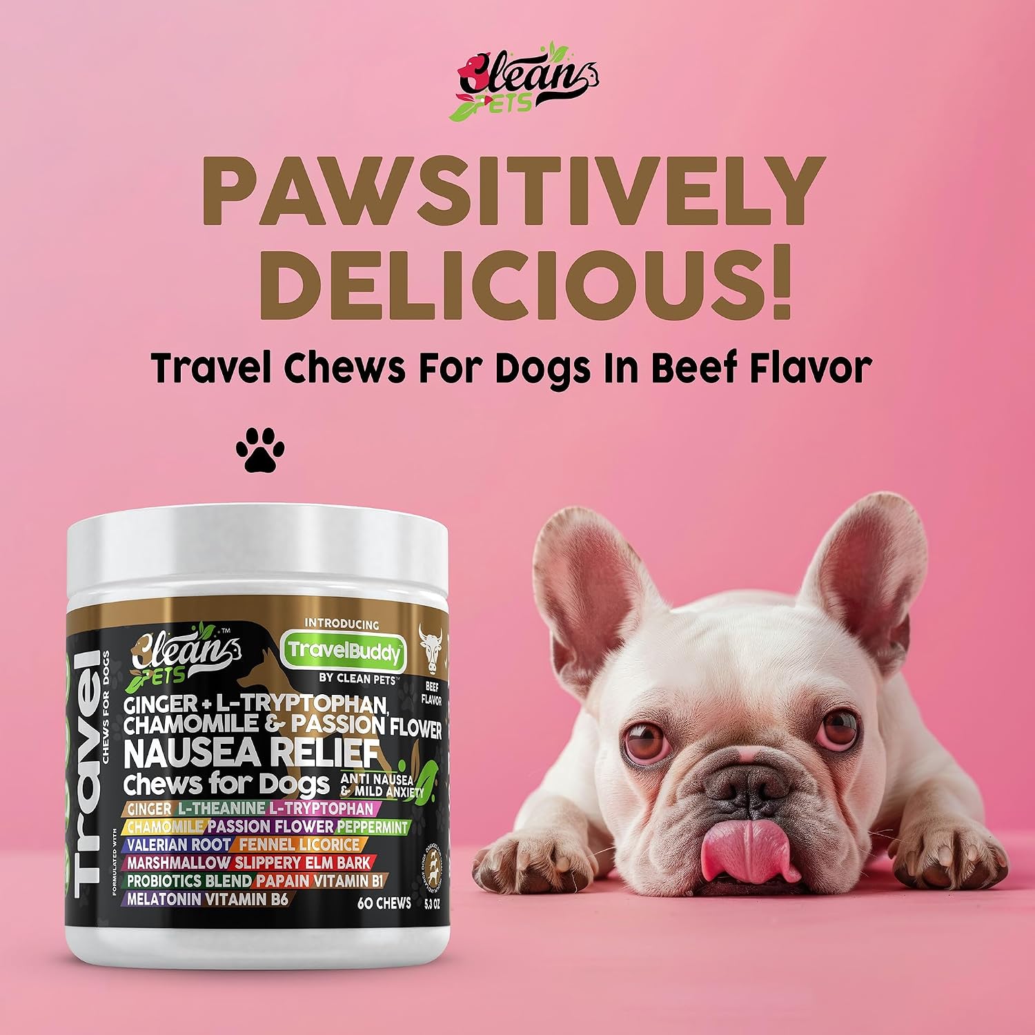 Clean Pets Travel Chews - Masticables calmantes para perros con jengibre y melatonina