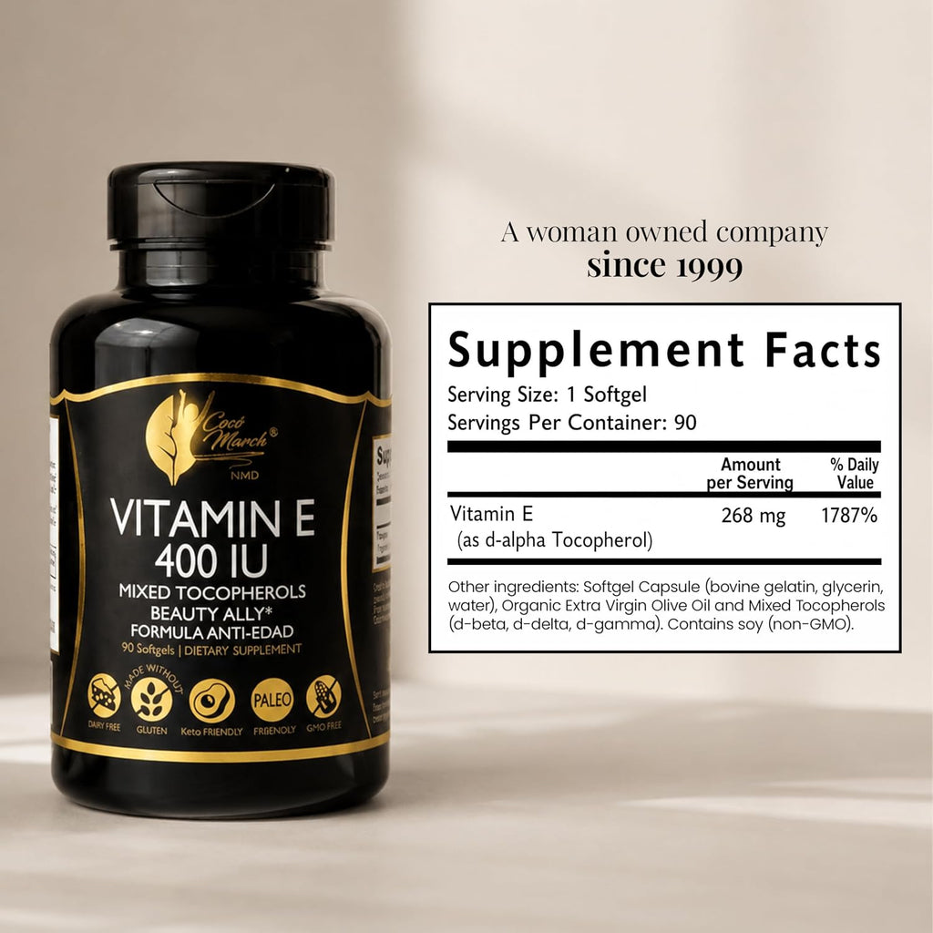 Coco March N.M.D Vitamina E Natural 400 UI con Tocoferoles Mixtos - Apoyo Inmunológico y Celular, 90 Cápsulas Blandas