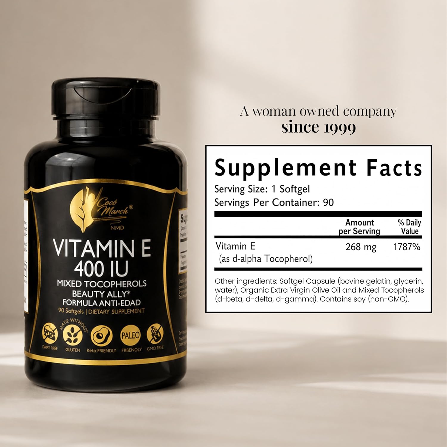 Coco March N.M.D Vitamina E Natural 400 UI con Tocoferoles Mixtos - Apoyo Inmunológico y Celular, 90 Cápsulas Blandas